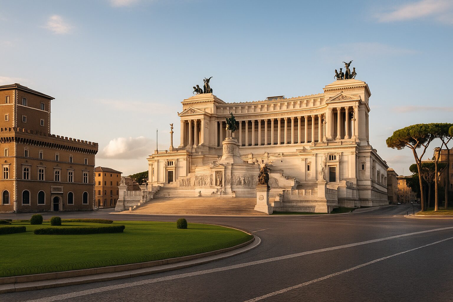 ヴェネチア広場の記念堂と広場中央の芝生