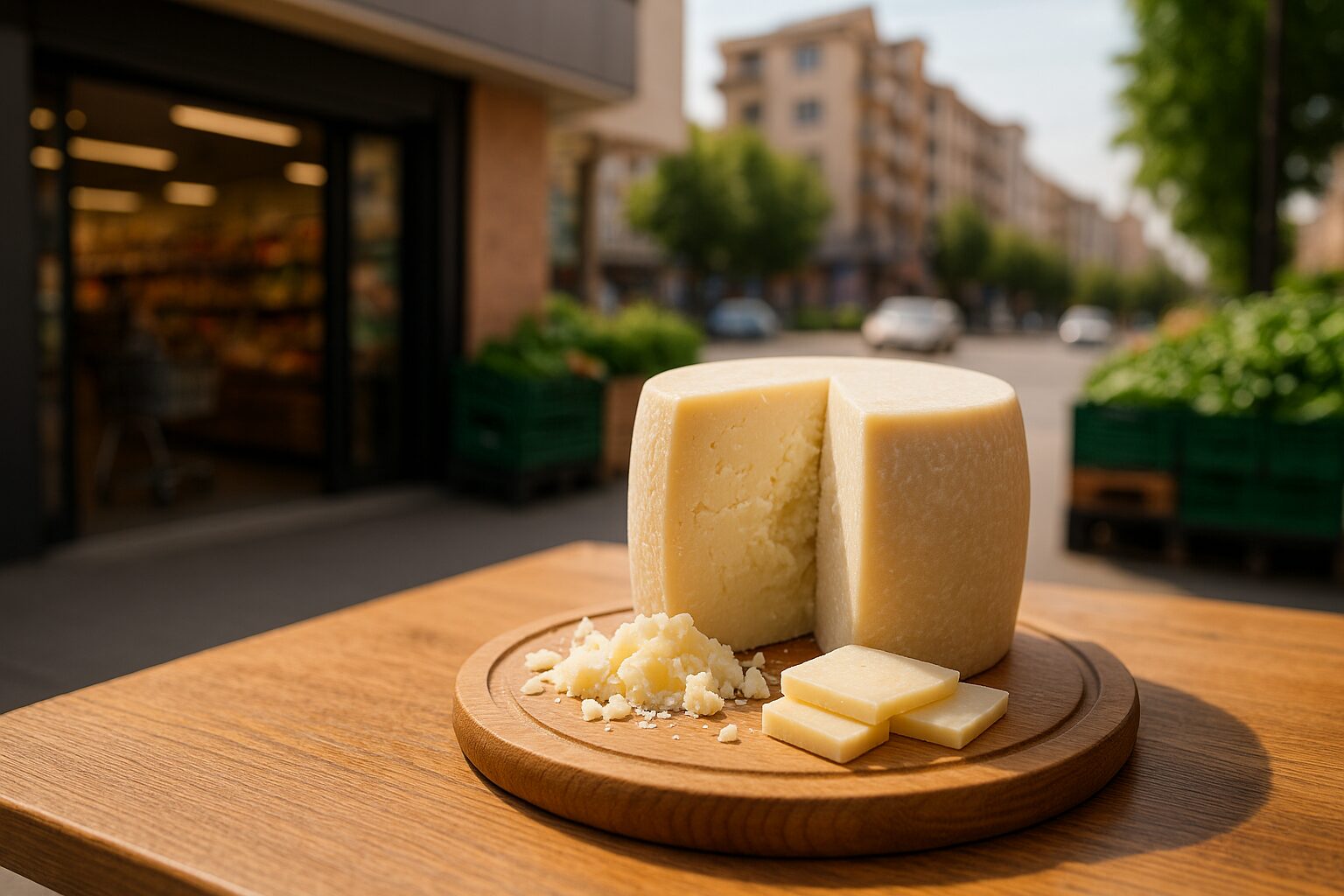 ペコリーノチーズはどこで売ってるを示す木製カッティングボード上のチーズ
