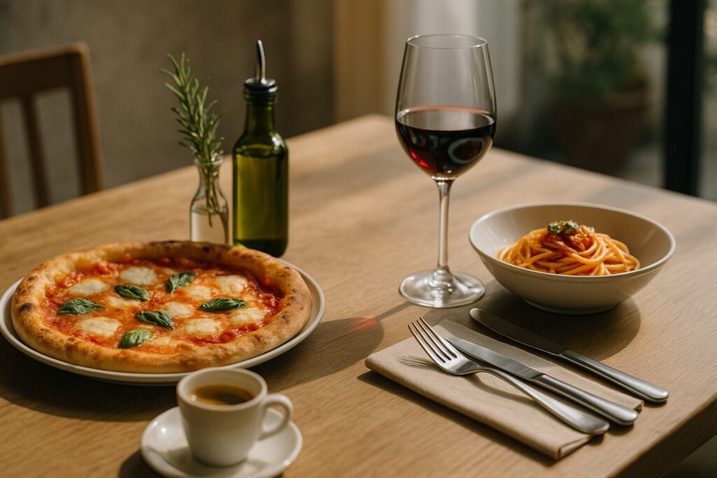 イタリア食事マナーの基本を象徴するテーブルセッティング。パスタとピザ、赤ワイン、エスプレッソが並ぶ落ち着いた食卓の風景。