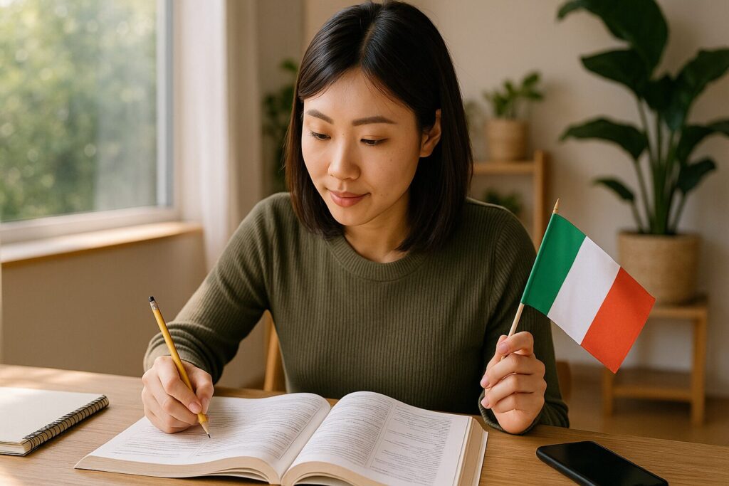 イタリア語を独学で学ぶための机上の勉強風景。ノートとイタリア国旗の本、コーヒーカップが並ぶ落ち着いた学習空間