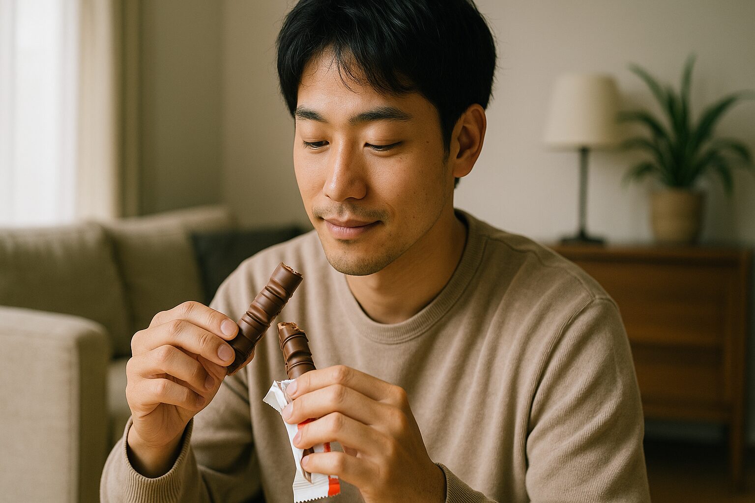 キンダーブエノをおいしうに食べる男性