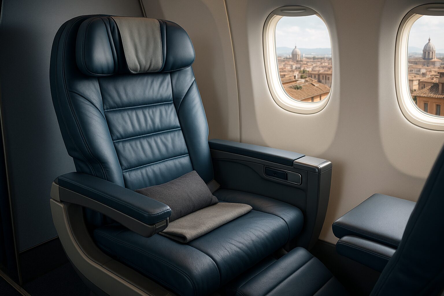 ITAエアウェイズ プレミアムエコノミー座席と窓景観