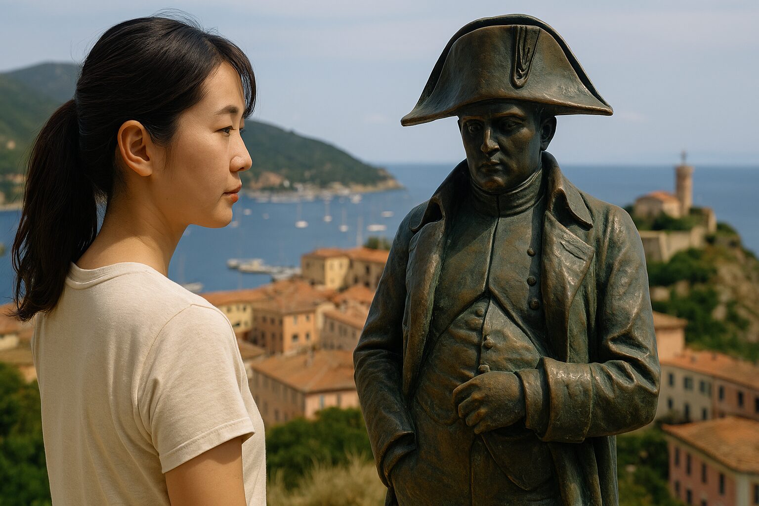 エルバ島でナポレオン像を見つめる日本人女性