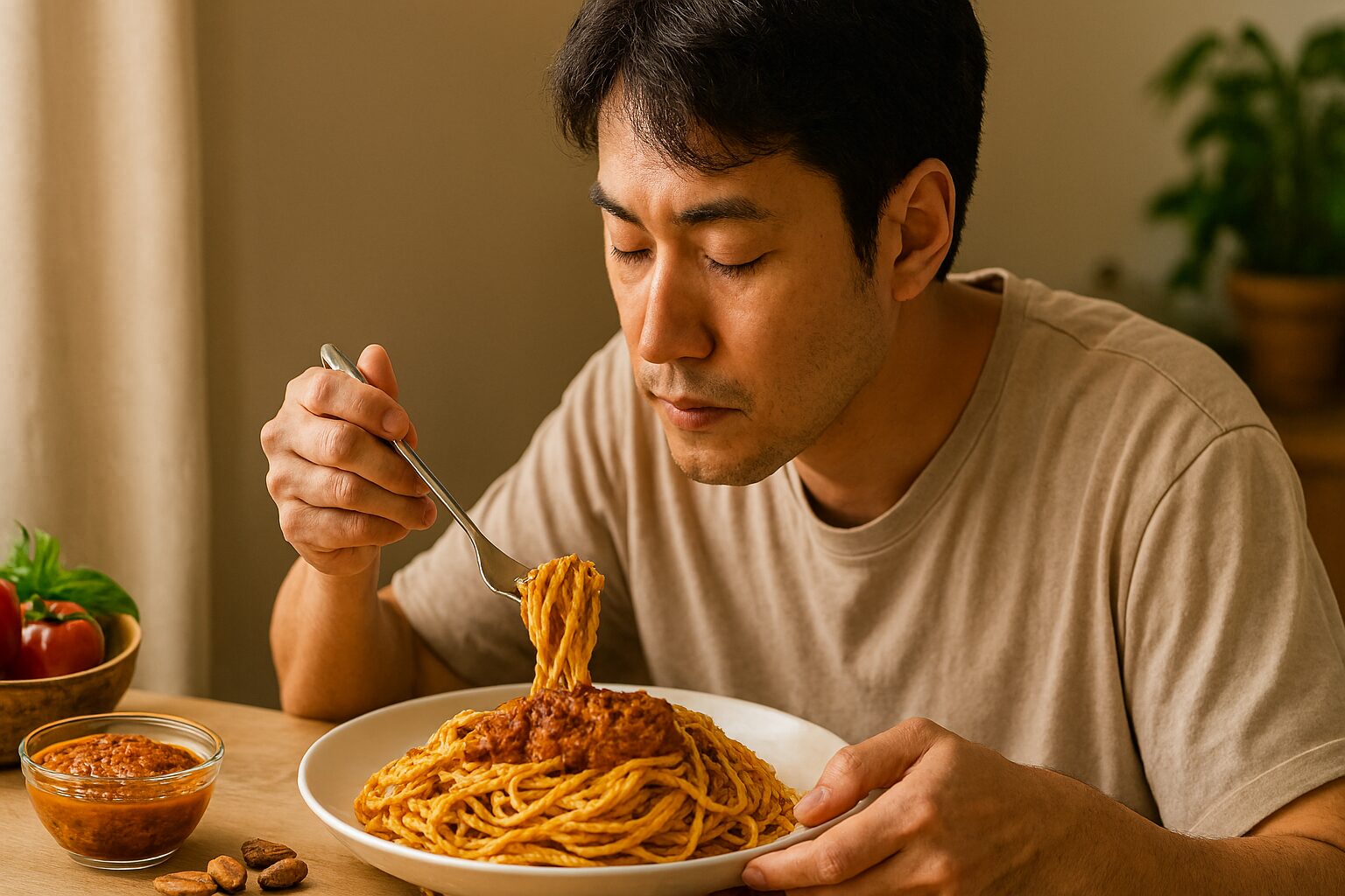 日本人男性がトラパネーゼソースを味わう