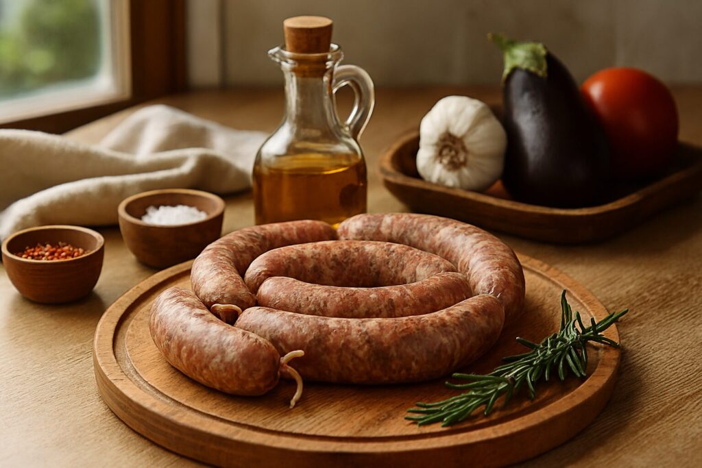 サルシッチャの作り方で使う道具と材料の配置