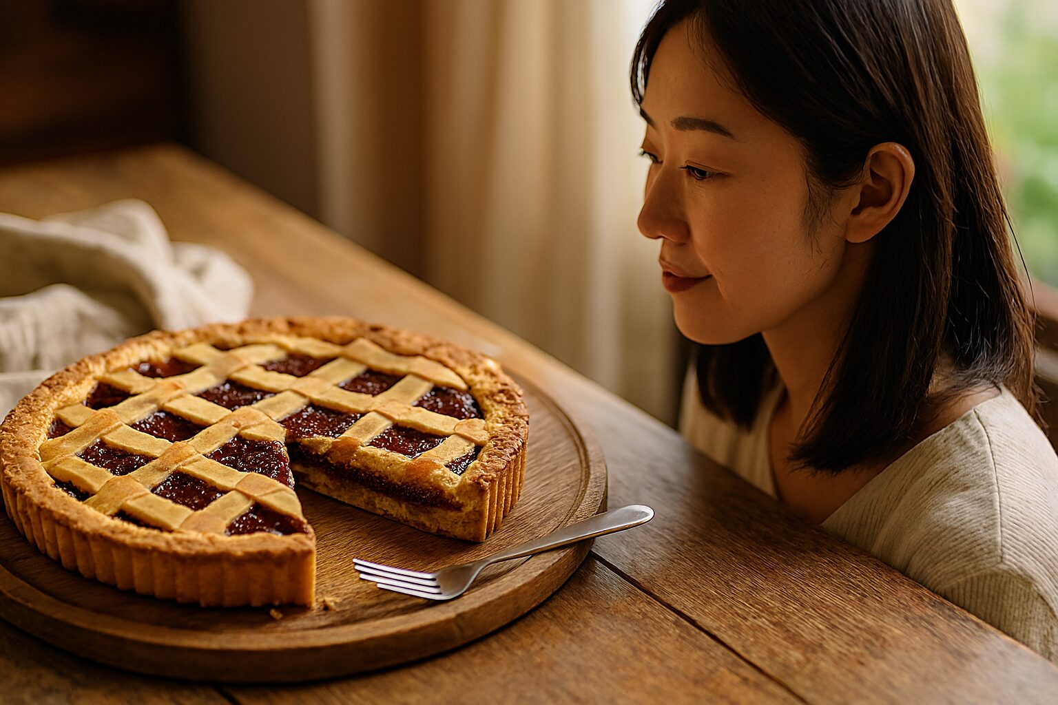 焼きたてクロスタータを見つめる女性