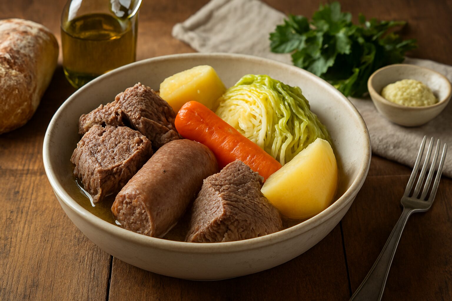 ボリートを盛り付けた陶器皿と根菜