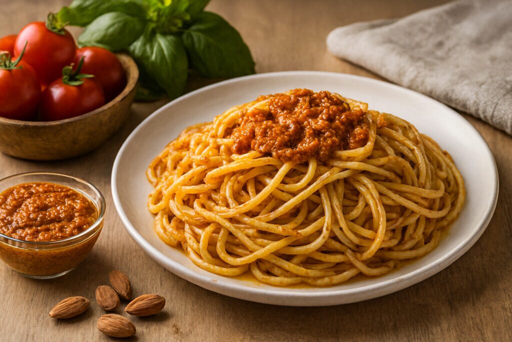 シチリアの伝統的なトラパネーゼソースとブジアーテパスタ