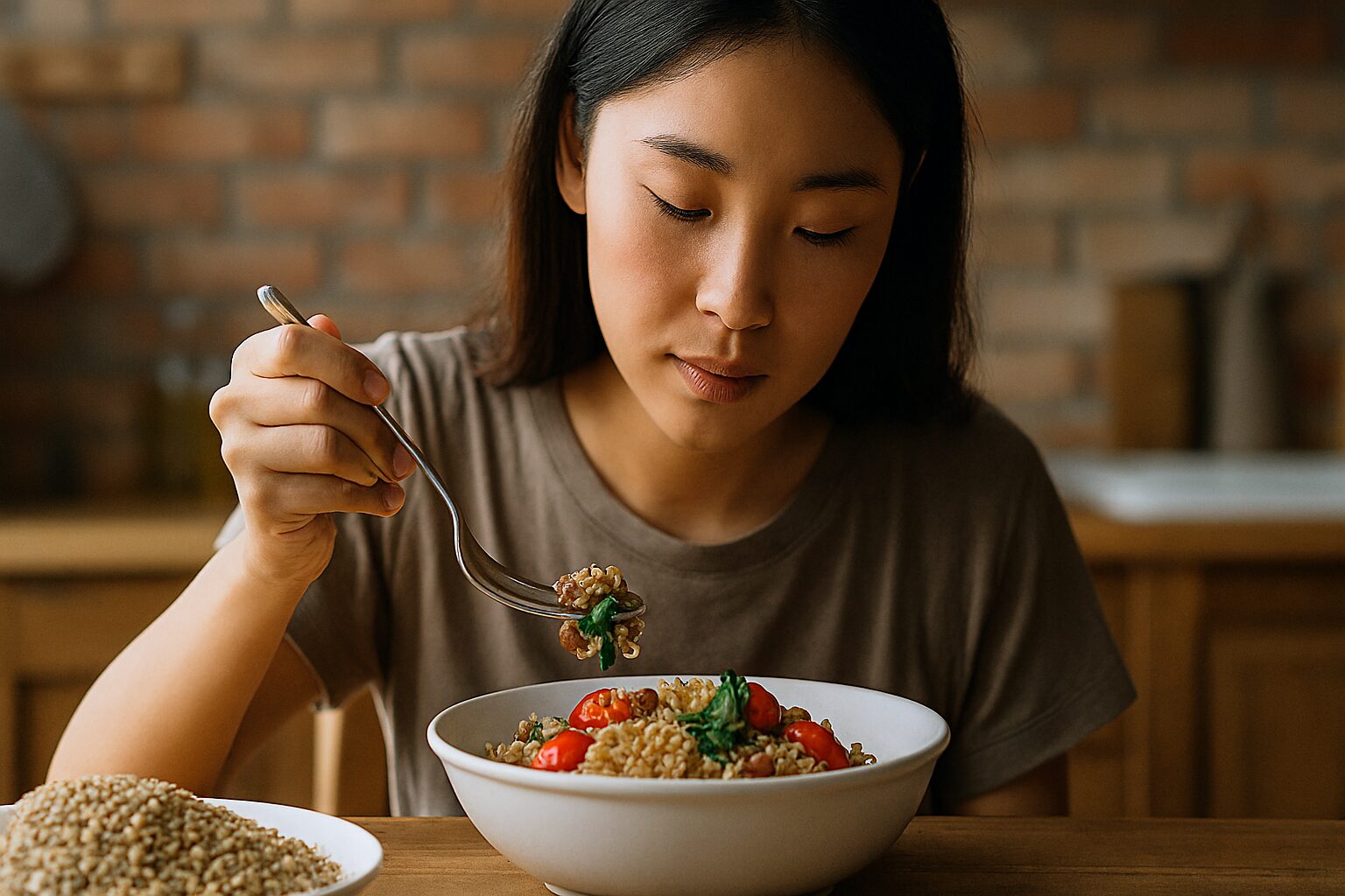 ファッロ料理を味わう日本人女性