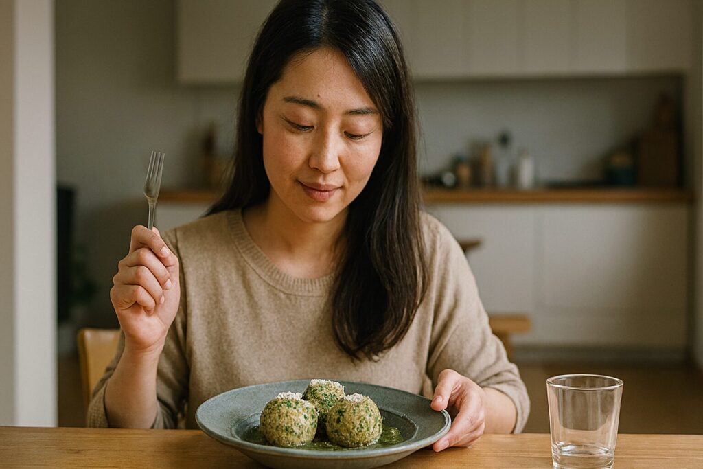 北イタリアの郷土料理カネーデルリ（スープ仕立て）の盛り付け