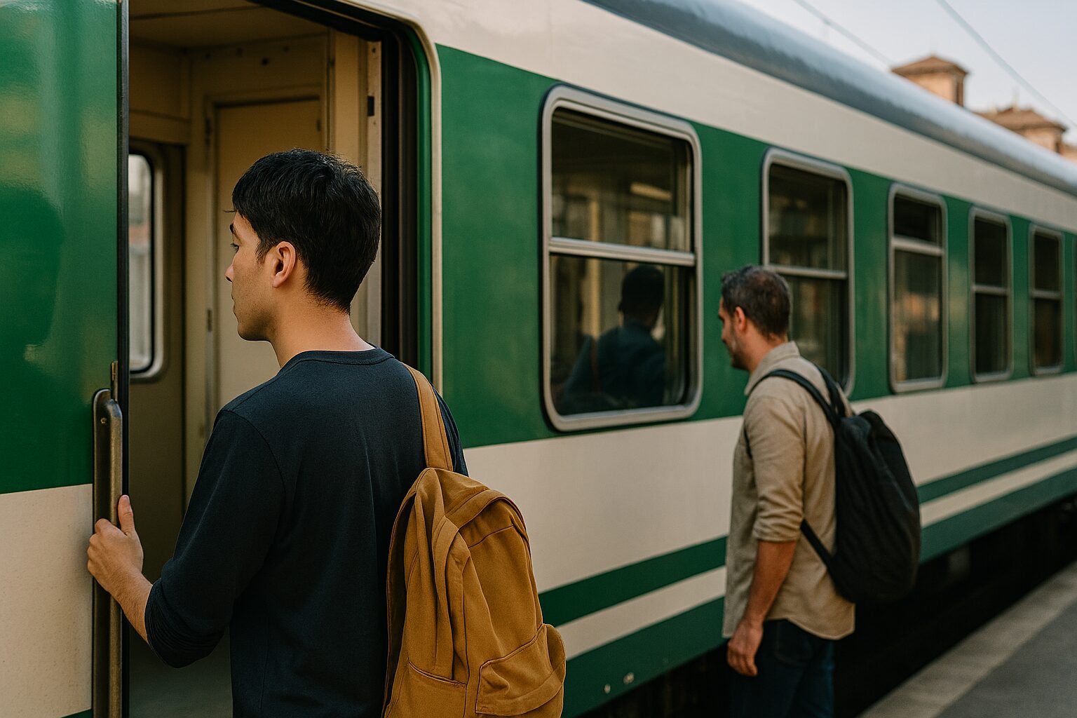 イタリア電車に乗る日本人男性
