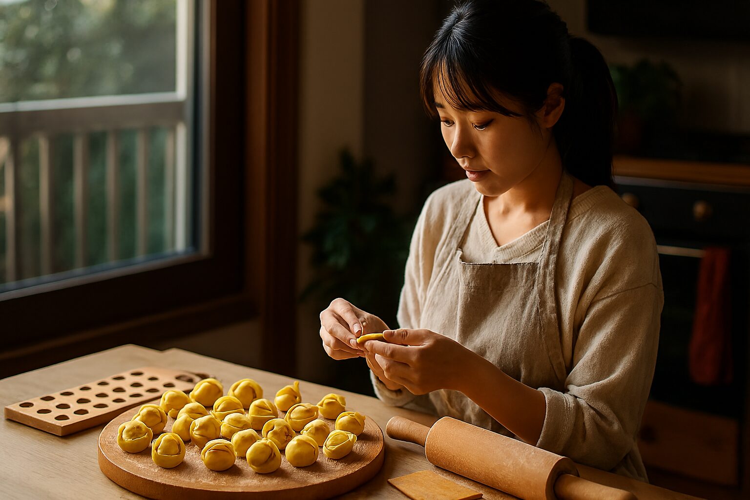 カッペレッティを包む日本人女性