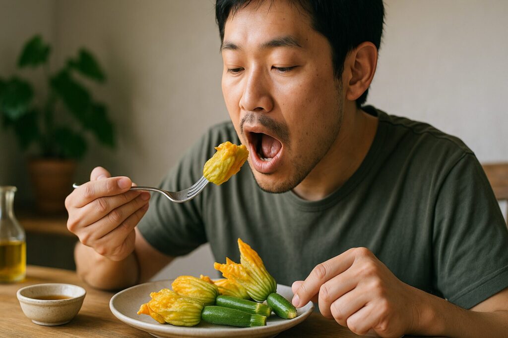 ズッキーニの花の食べ方を紹介する調理前の花ズッキーニの様子