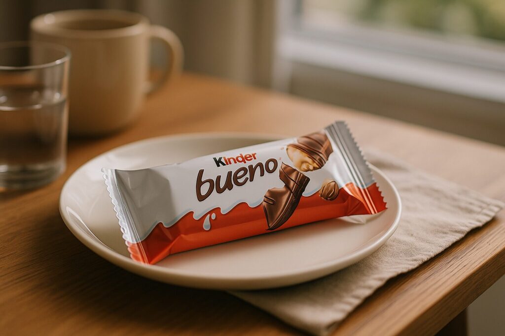 テーブル上に置かれたキンダーブエノのチョコレートバーのクローズアップ