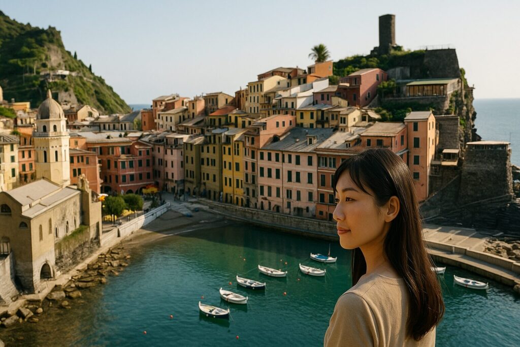 ヴェルナッツァの街並みと港の全景、カラフルな建物と海の絶景
