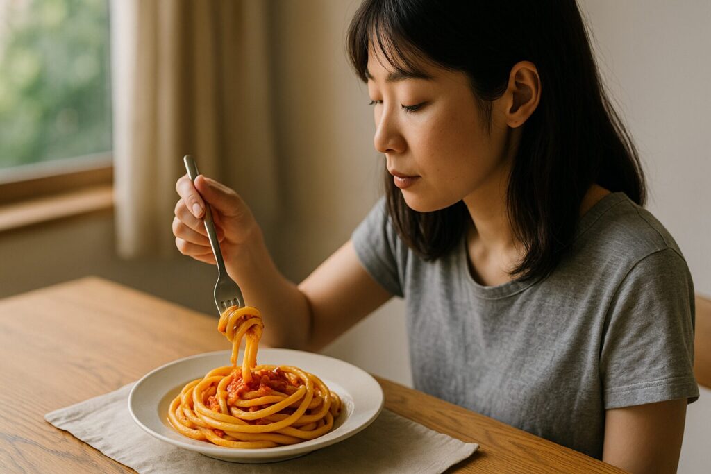 穴あきパスタ(ブカティーニ)の乾麺とトマトソースの盛り付け例