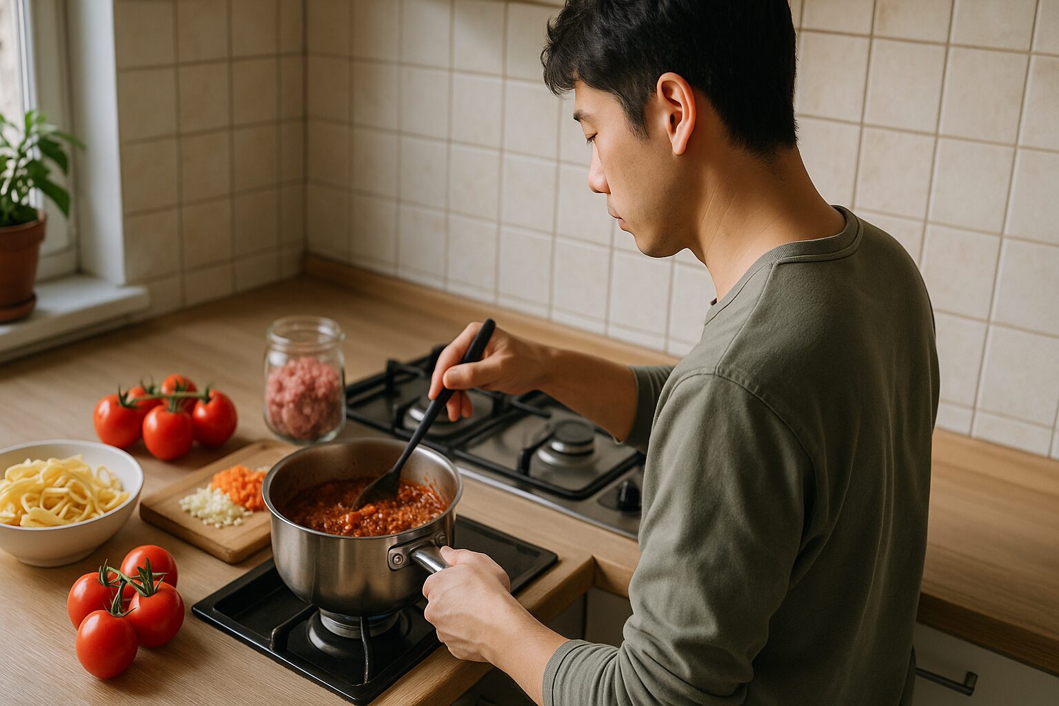 ラグーソースとはを鍋で煮込む男性
