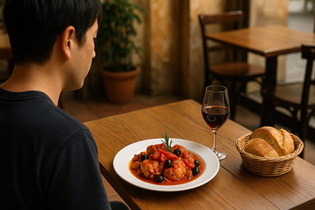 白ワインと香草で煮込むカチャトーラローマ風の調理風景