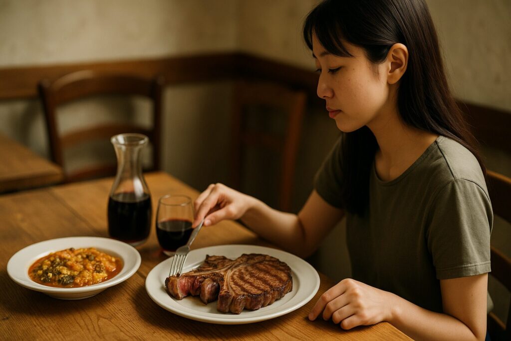 trattoria marioのランチを味わう女性