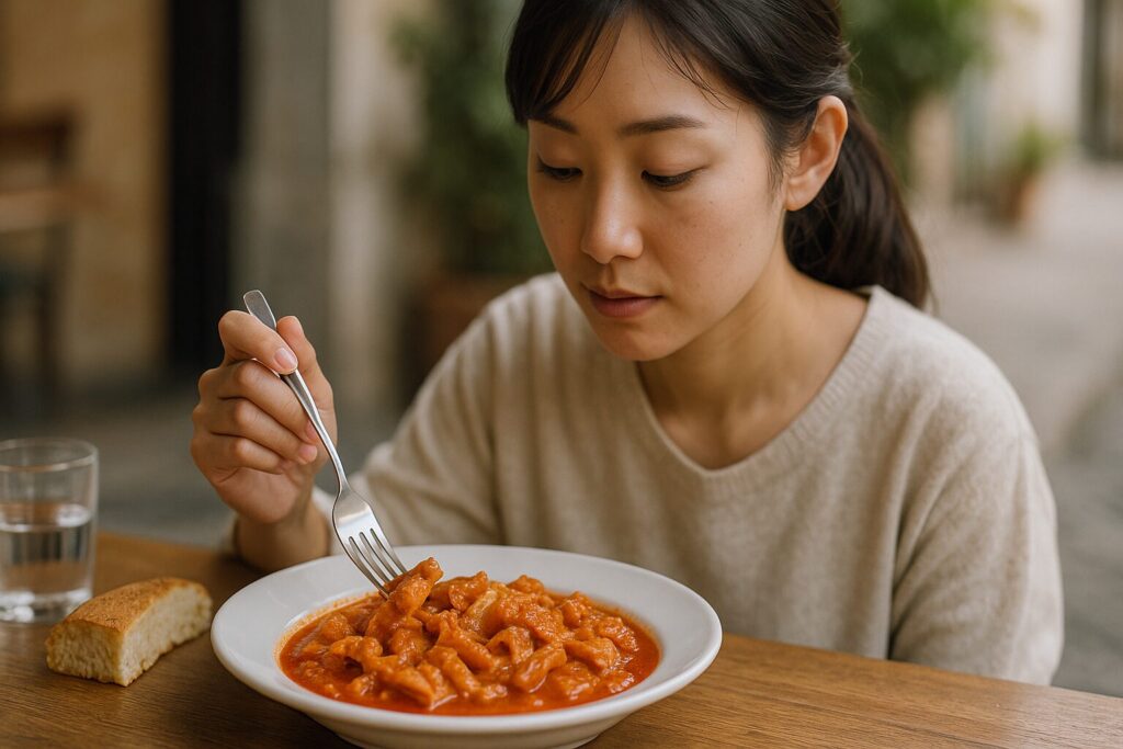 日本人女性とトリッパの煮込みを食卓で