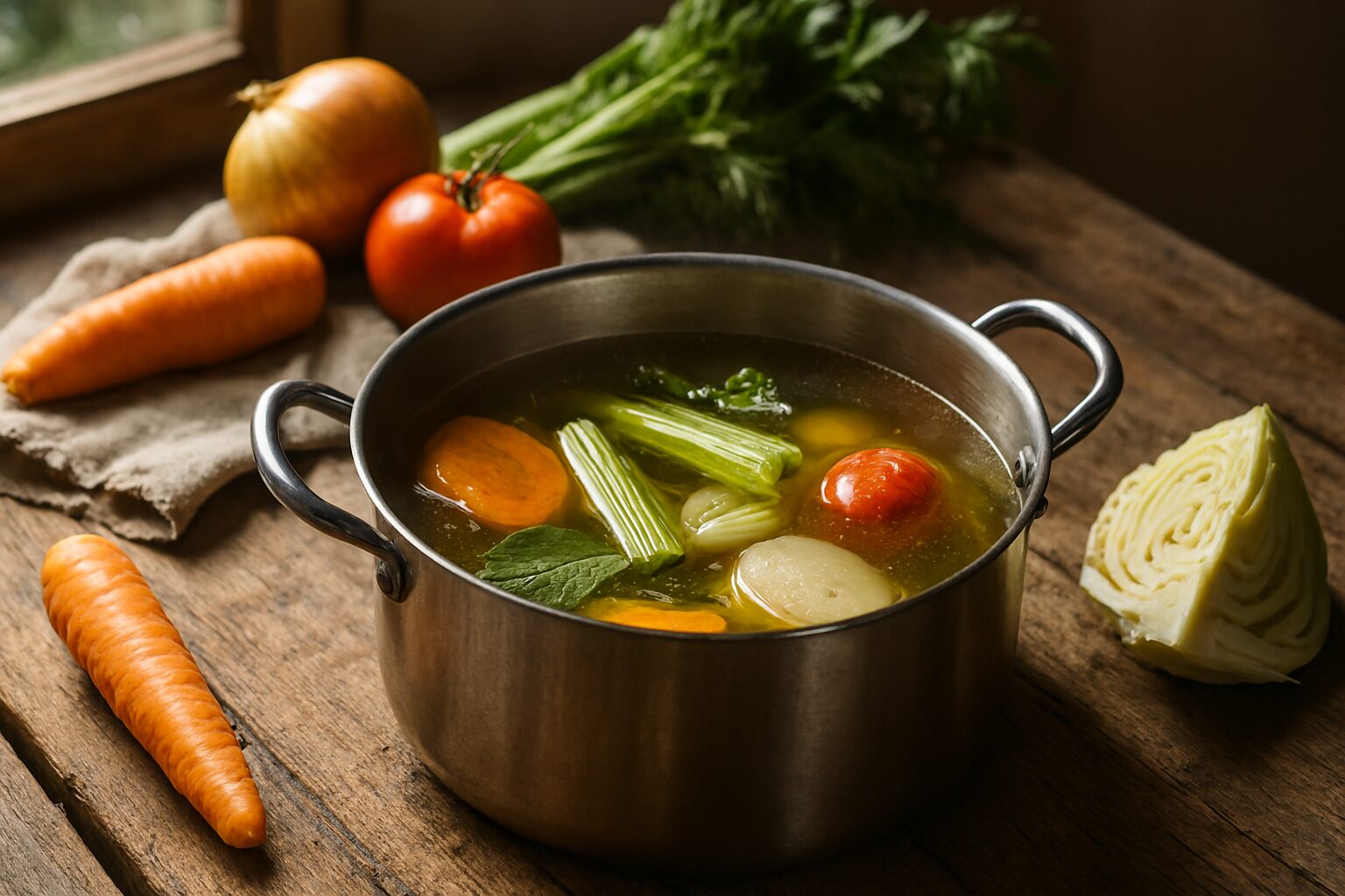 野菜ブロードを煮込む鍋と新鮮な野菜