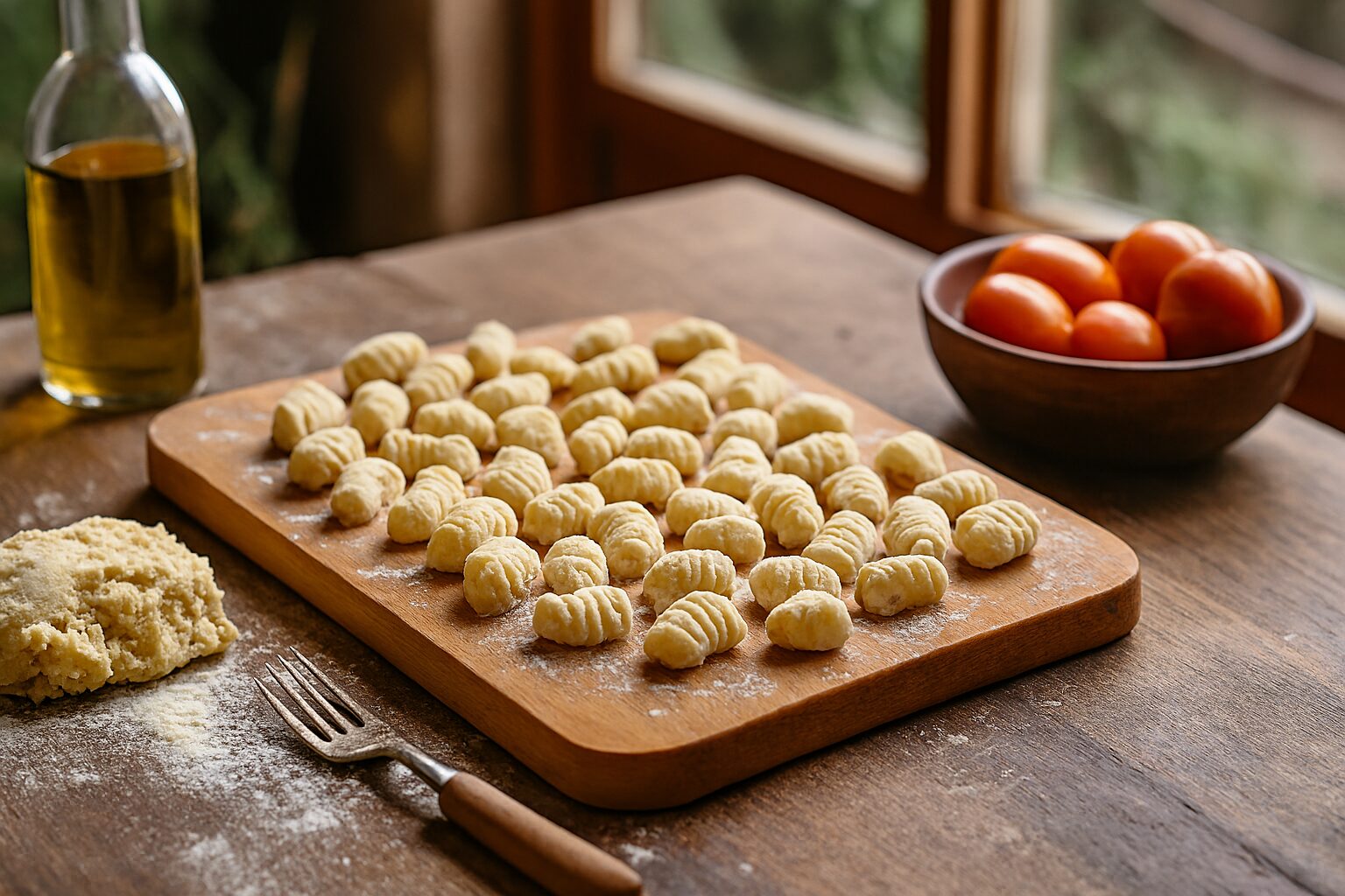 木のテーブルでニョッキ作り方もちもち