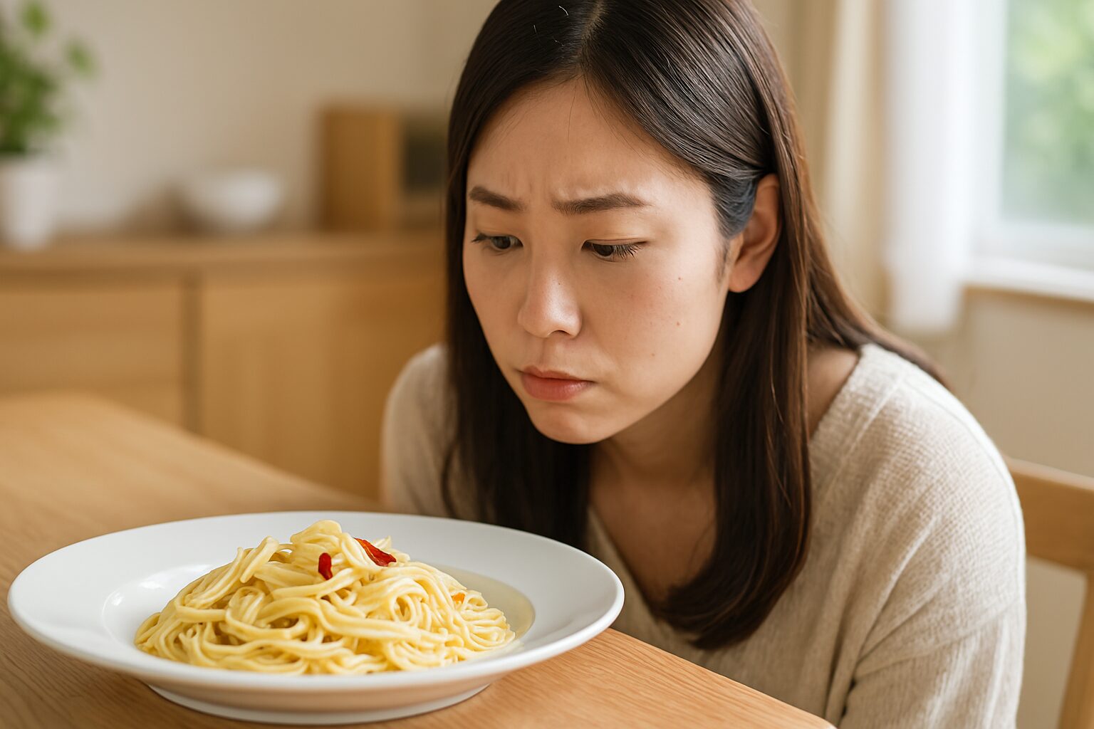 ペペロンチーノ味が薄い表情の女性