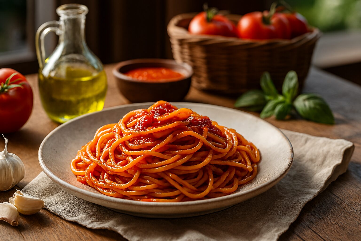 パスタ アル ポモドーロを木製食卓に盛り付け