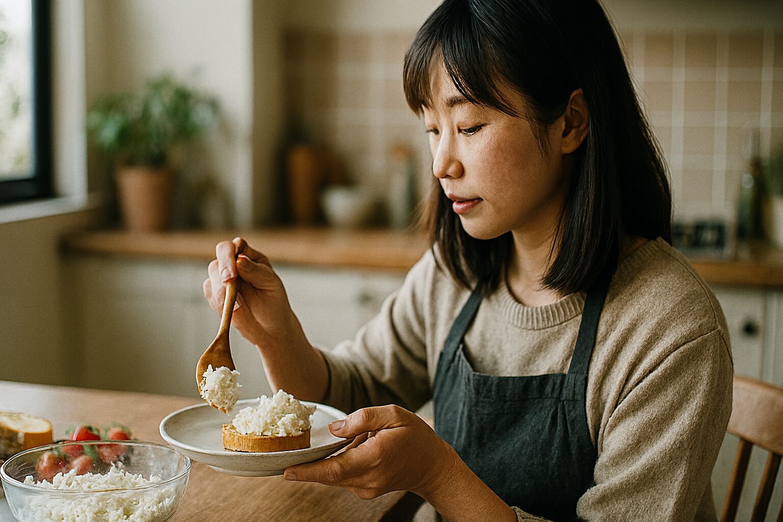 フードプロセッサーで作るバッカラマンテカートの調理をしている女性