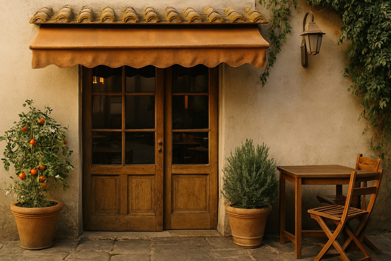 trattoria marioの石造りの外観と植栽