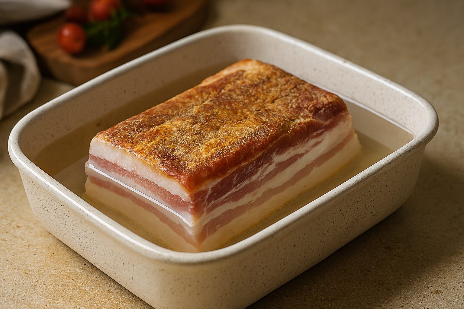 パンチェッタ塩抜きの木製テーブル風景