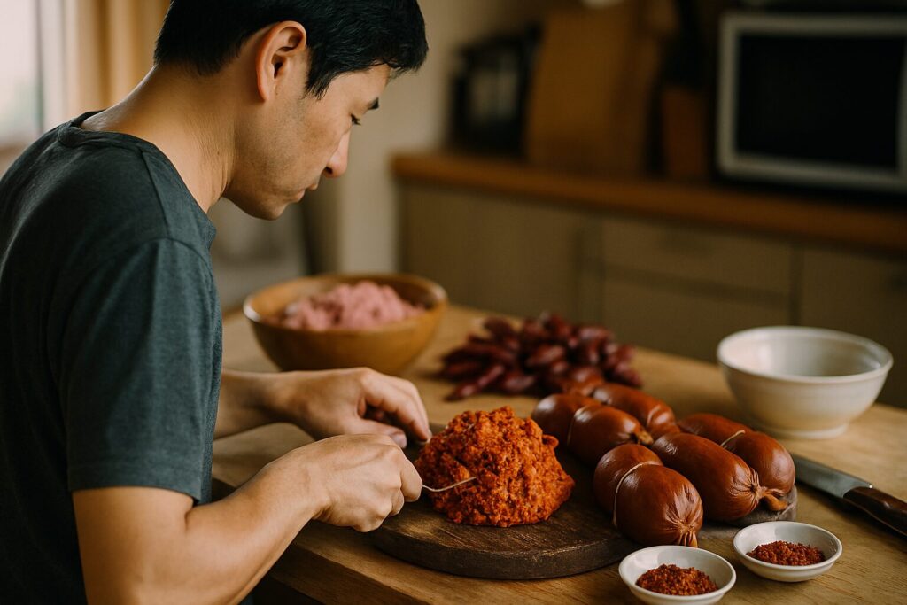 家庭で作るンドゥイヤの材料と手順を示した調理風景