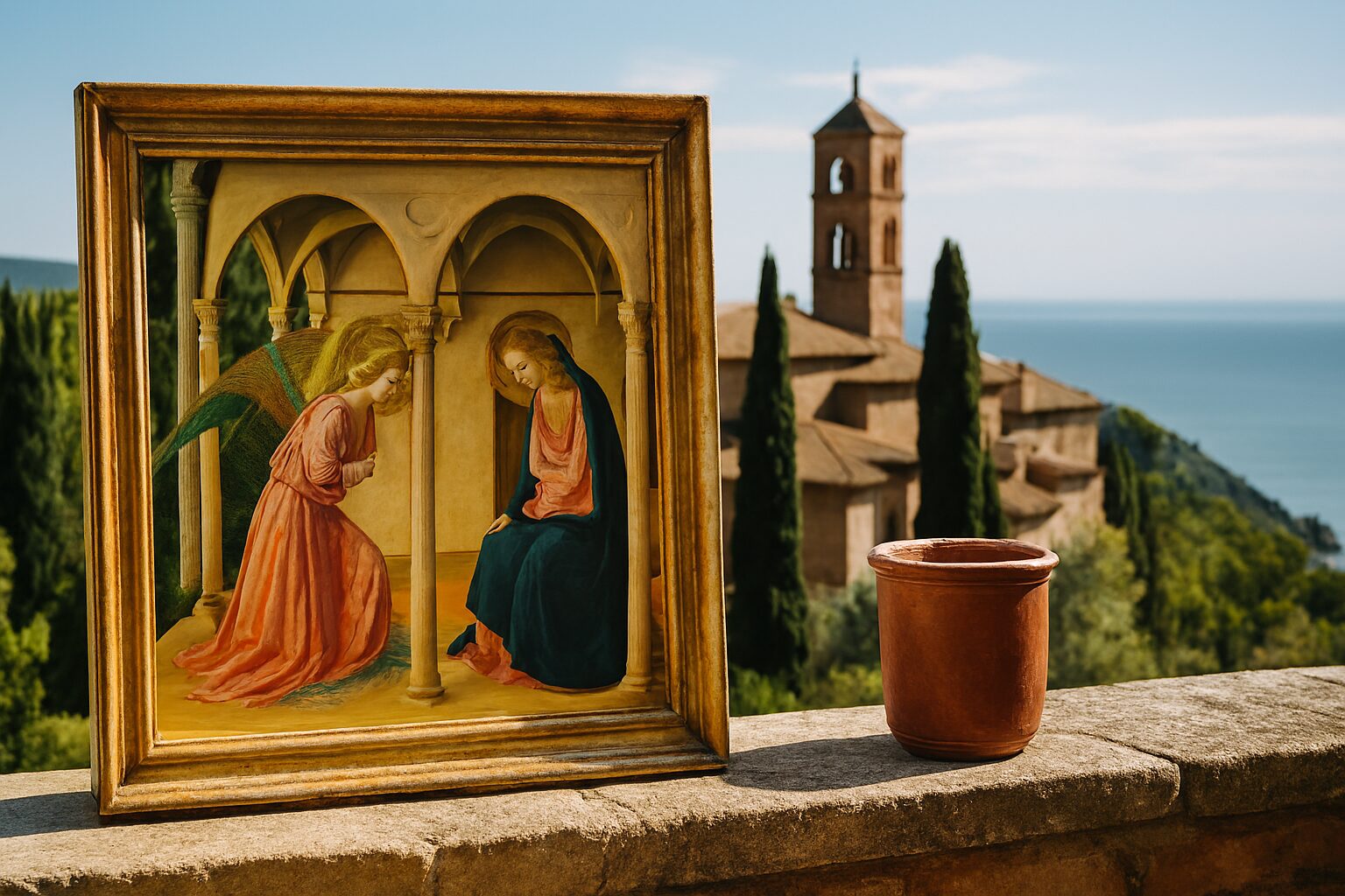 フィレンツェ・サンマルコ修道院の回廊で『受胎告知』を静かに見つめる日本人男性