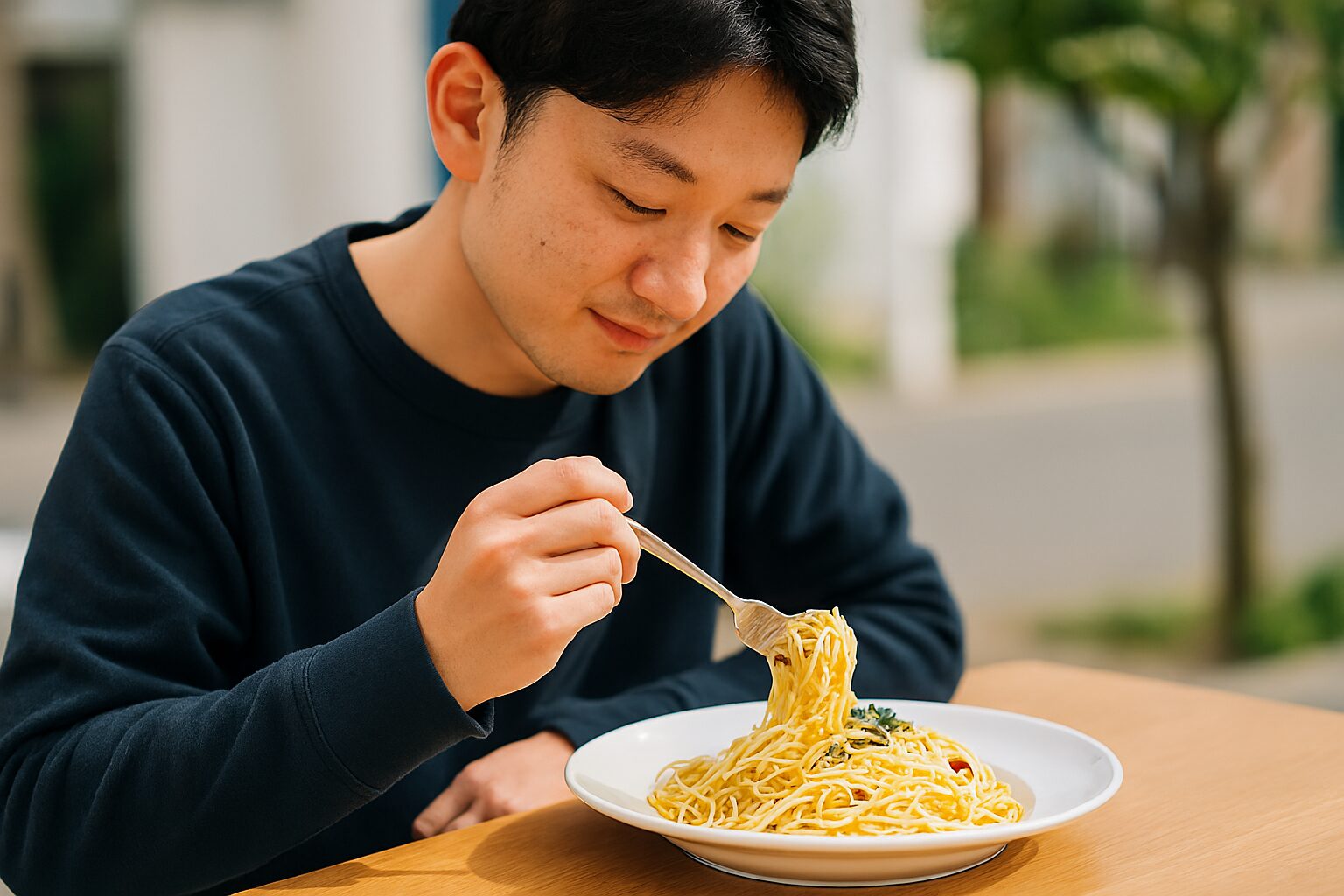 日本人男性が自然光で食べるパスタアーリオオーリオ