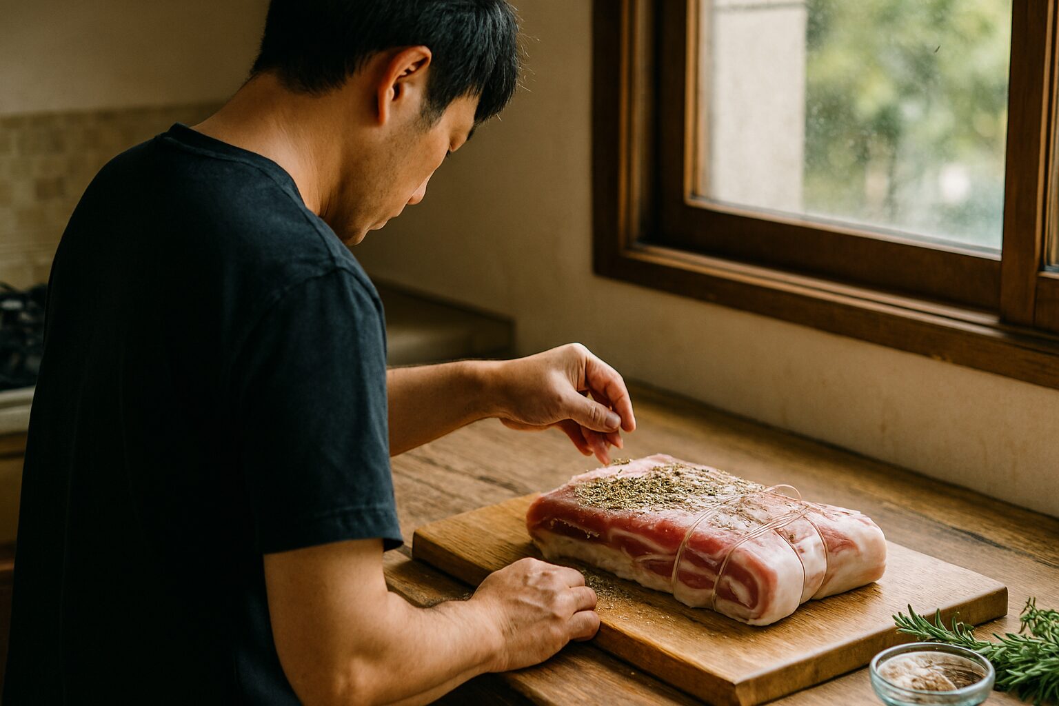 パンチェッタの作り方を実践する男性