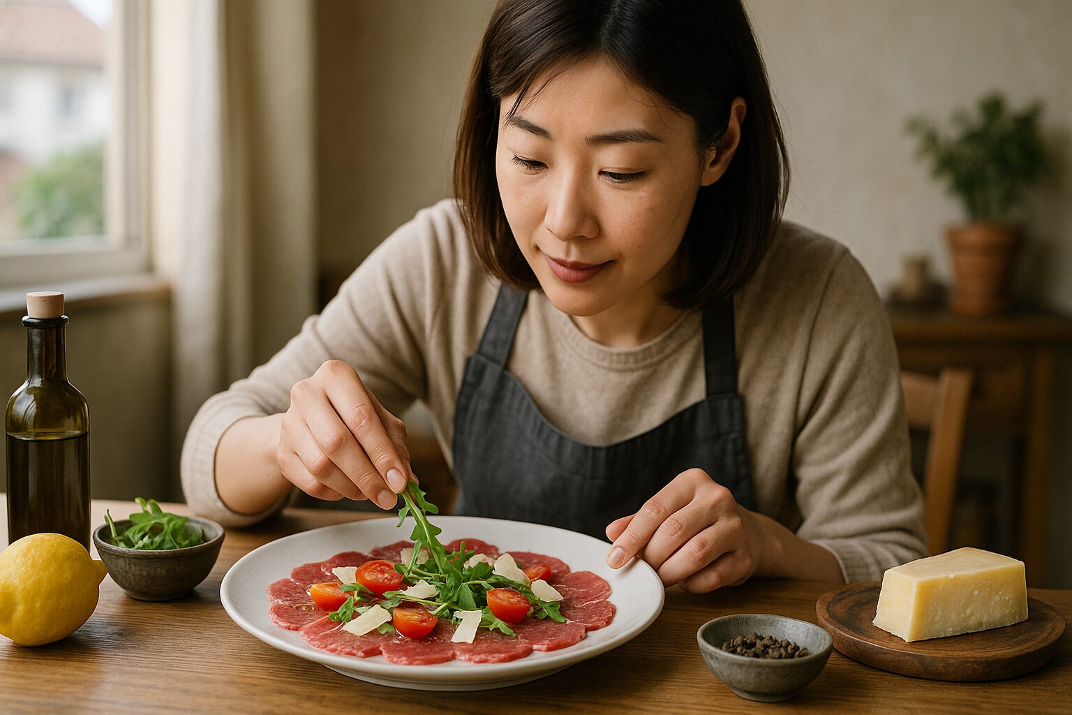 日本人女性がカルパッチョを丁寧に盛り付け