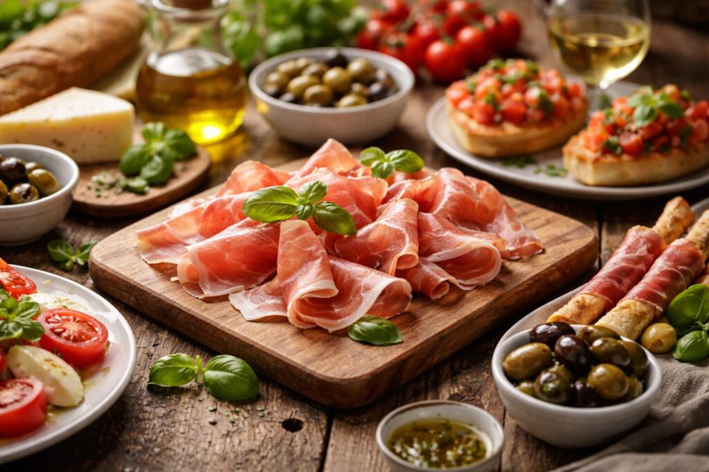 生ハムを使ったイタリアン前菜の盛り付け