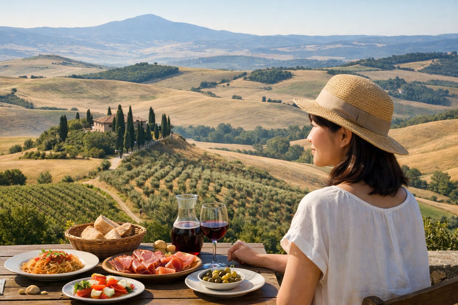 日本人女性がオルチャ渓谷の自然を楽しむ