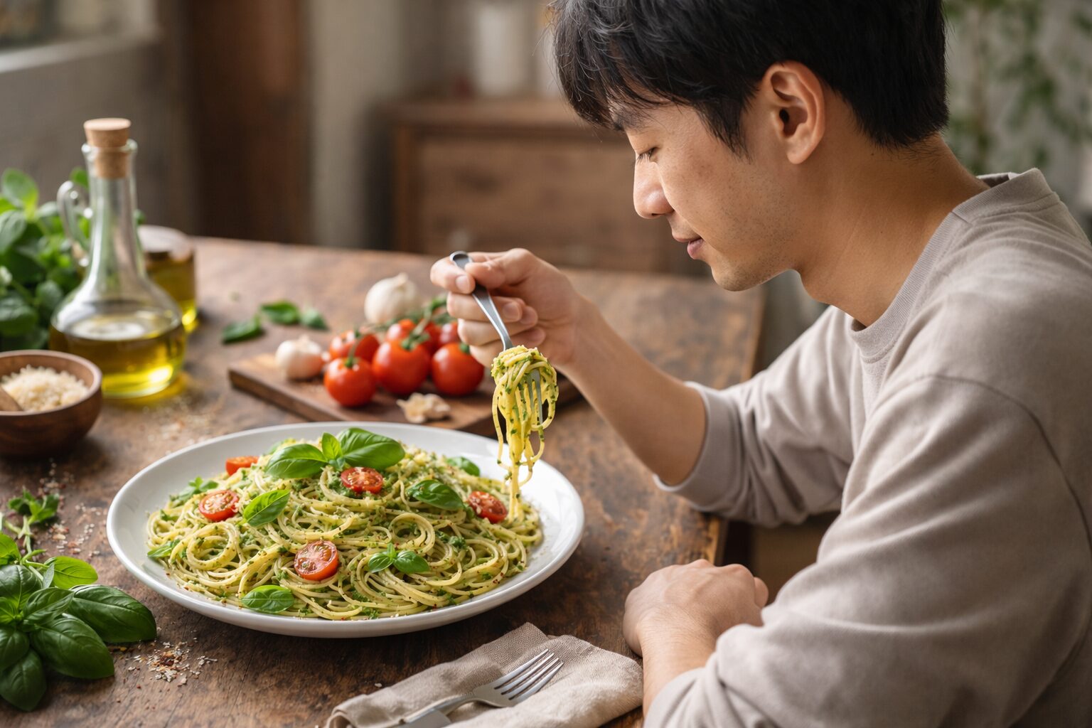 日本人男性が盛り付けたバジル香るスパゲッティ