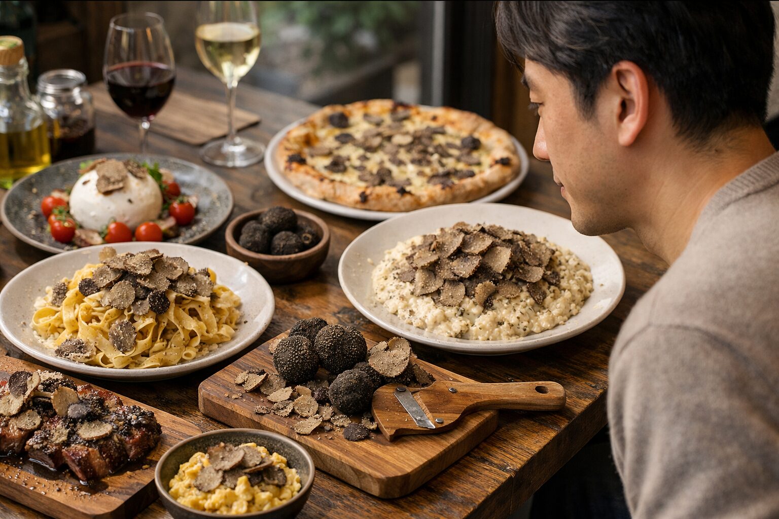 日本人男性が楽しむトリュフ料理の盛り付け