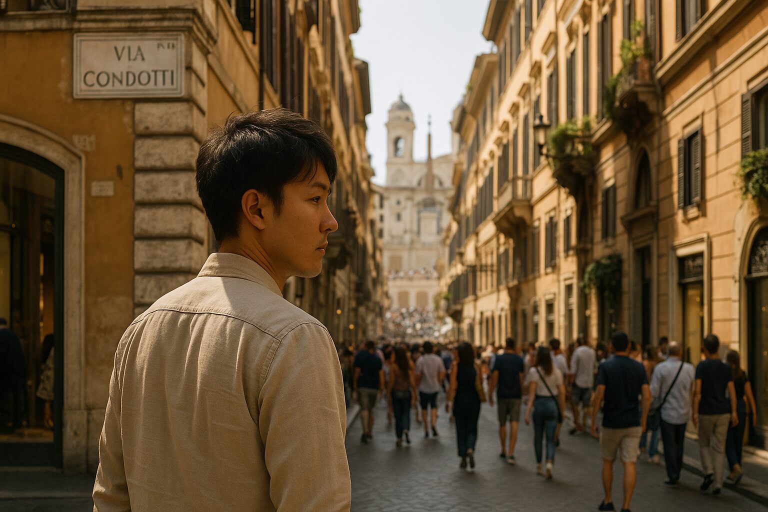 リニタ・デイ・モンティ教会を見つめる若い東アジア系男性の後ろ姿