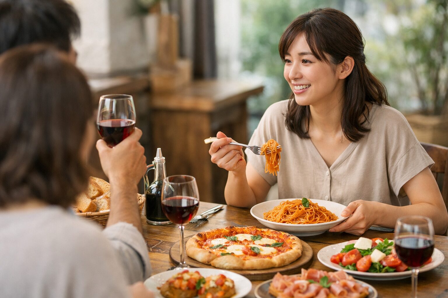 日本人女性が食事にボナペティの意味を込める様子