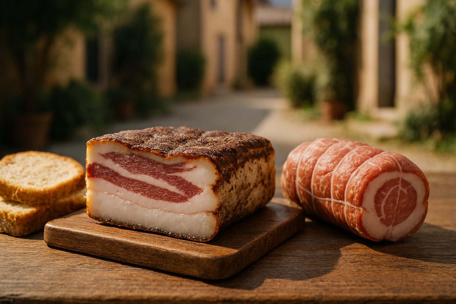 グアンチャーレとパンチェッタがテーブルの上に載っている。