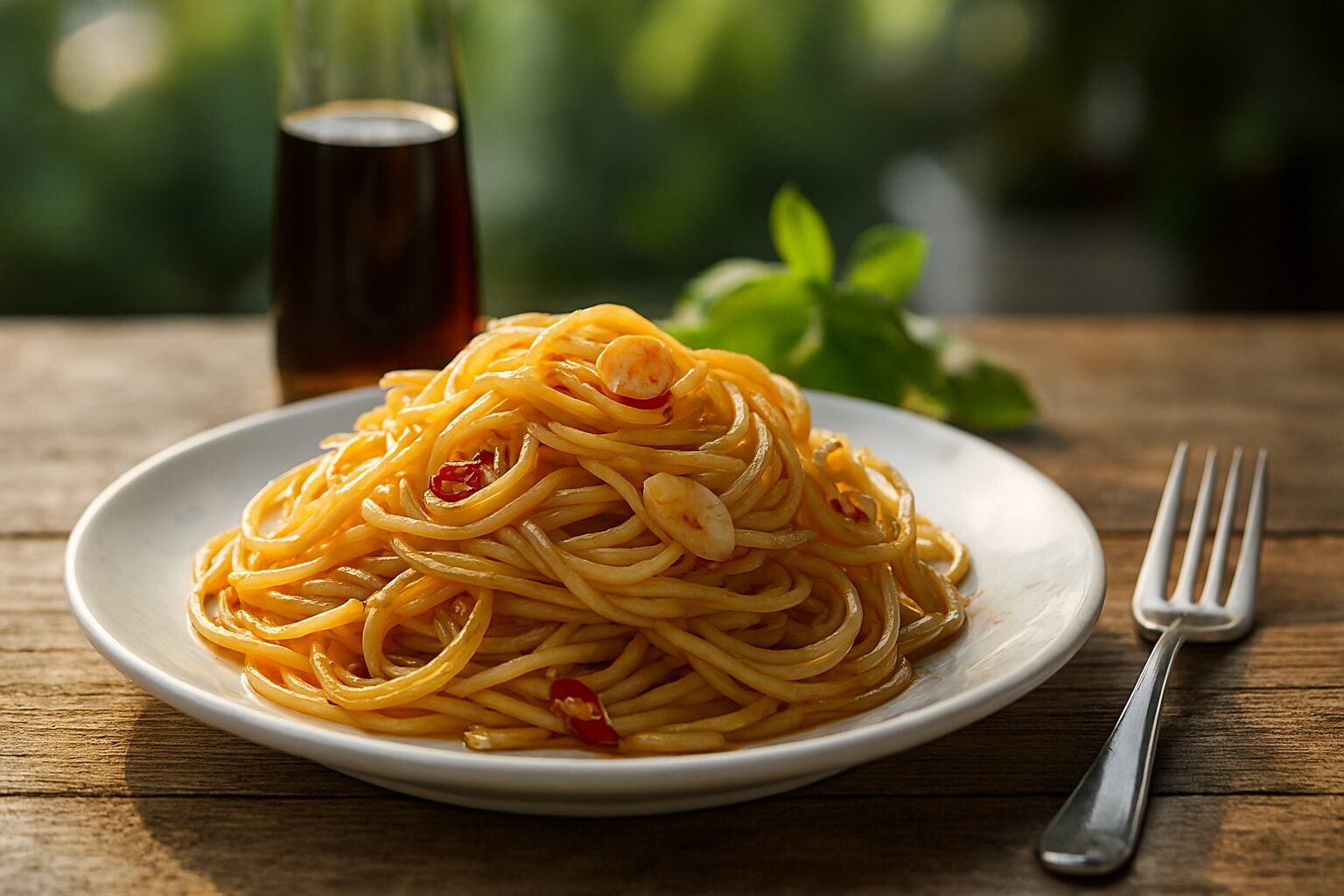 ナンプラーパスタと木製テーブル