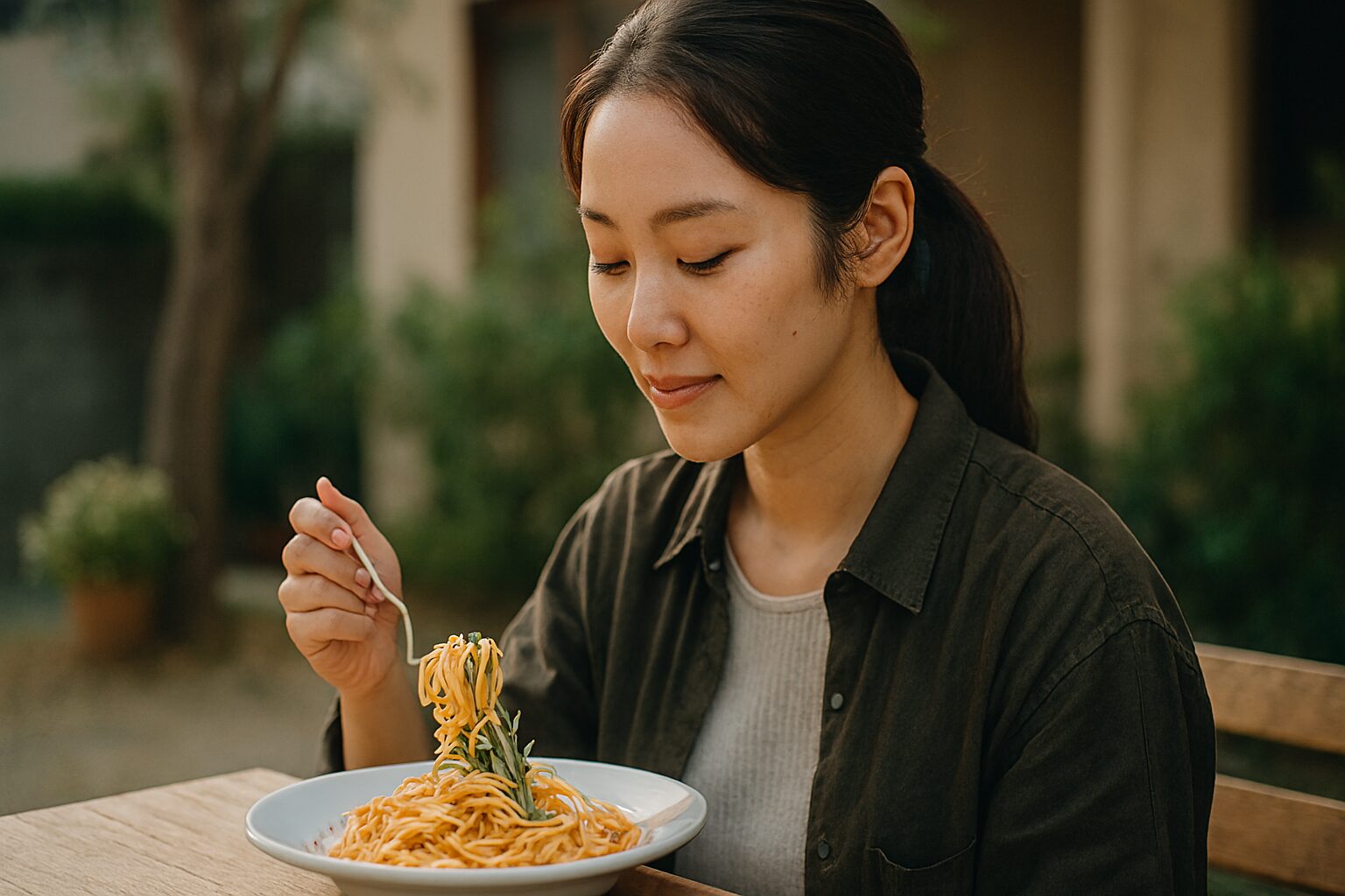 日本人女性がパスタにローズマリーを添える