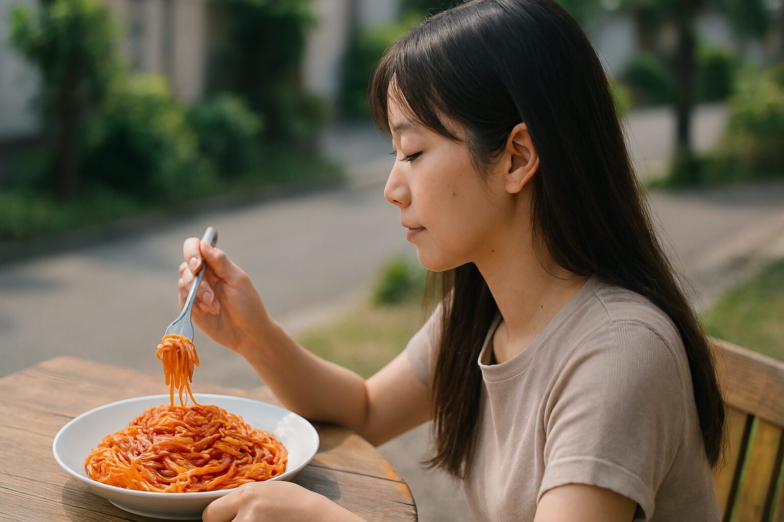 日本人女性がマリナーラパスタを味わう