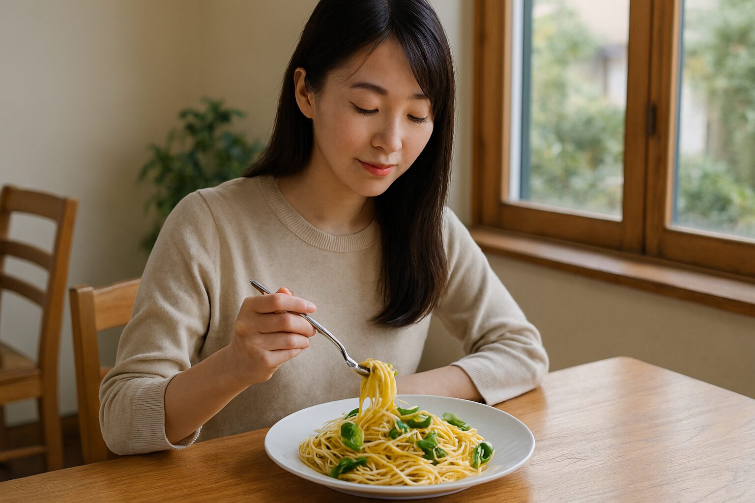 日本人女性が青唐辛子パスタを味わう
