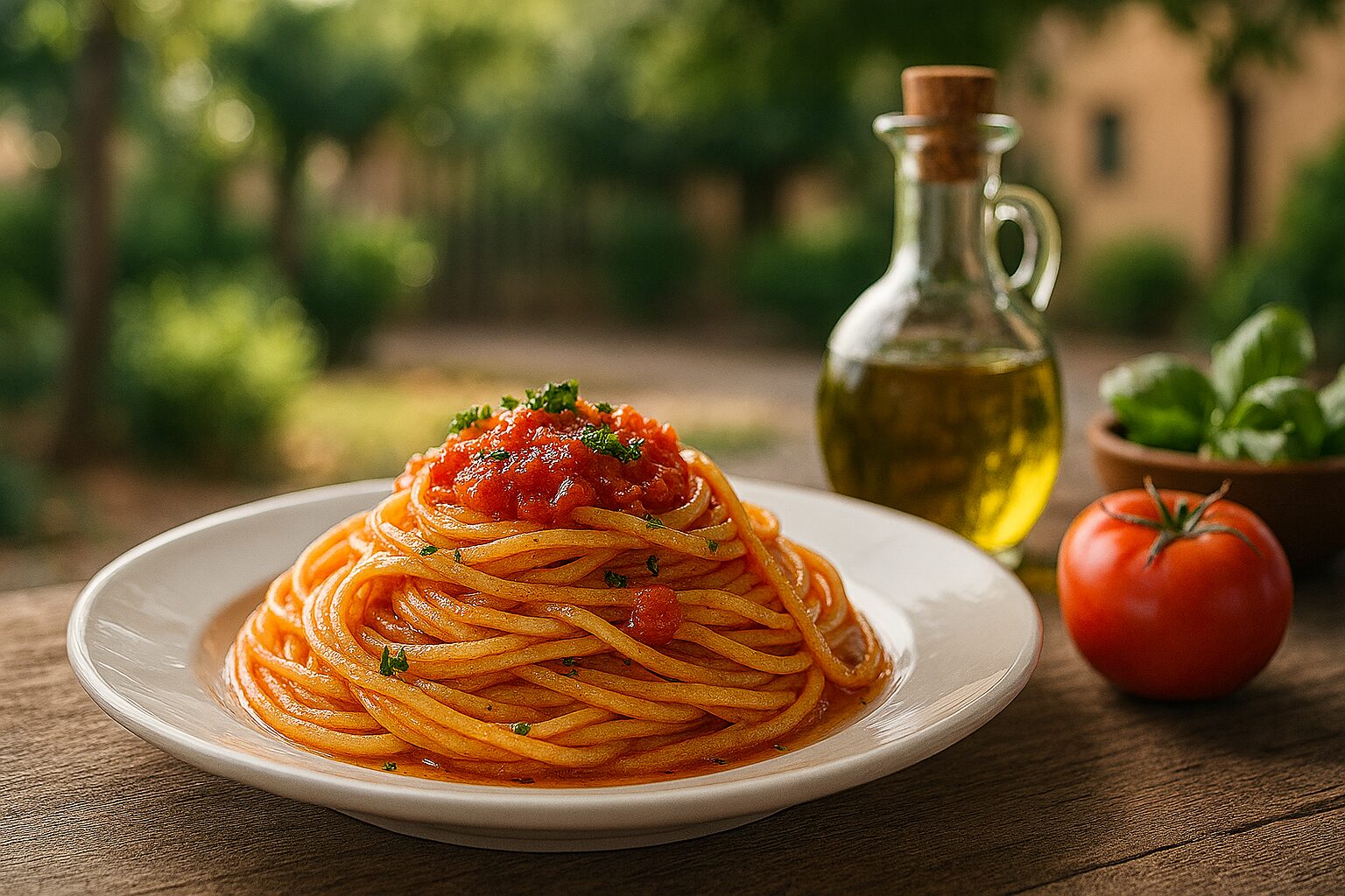 パスタ ポモドーロと自然光の庭