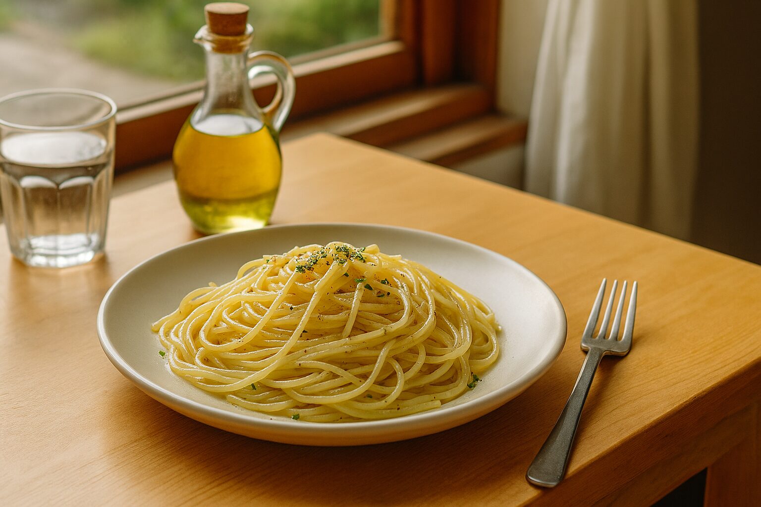 パスタビアンカを木のテーブルで自然光に映す