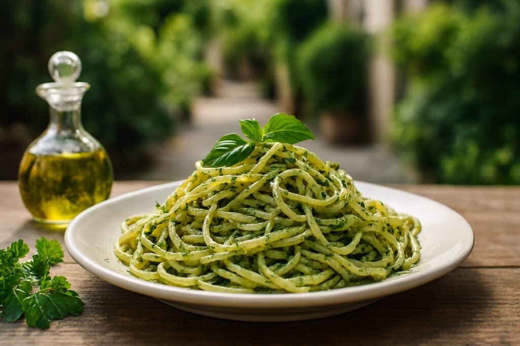 ハーブ香るパスタの盛り付け